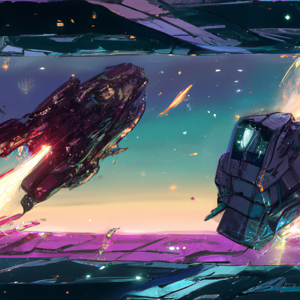 a cyberpunk spaceship in a multiversum fighting with a other cargospaceship