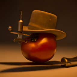 tomate with a face and a hat riding on a knife