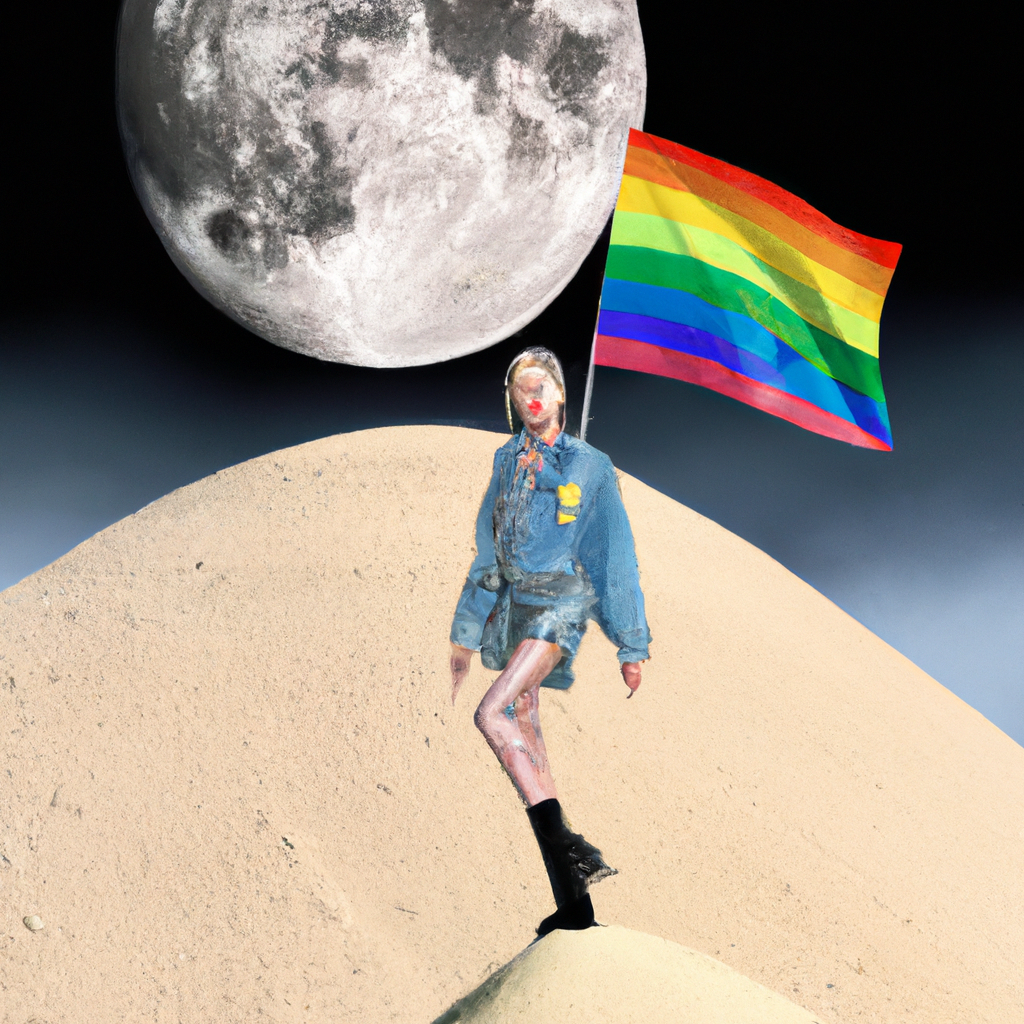 a women on the moon with a lgbqi+ flag in style from vogue magazin fotorealistic